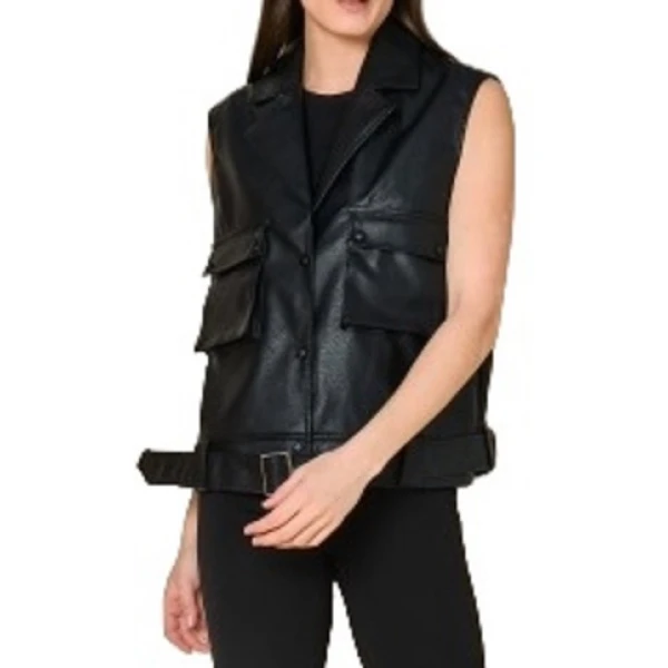Flap Pockets Black Leather Vest