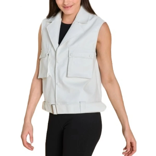 Flap Pockets White Leather Vest