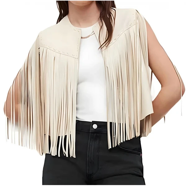 Fringed Beige Leather Vest