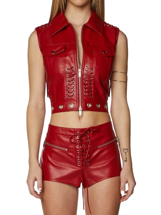 Fringed Lace Up Red Leather Vest With Shorts