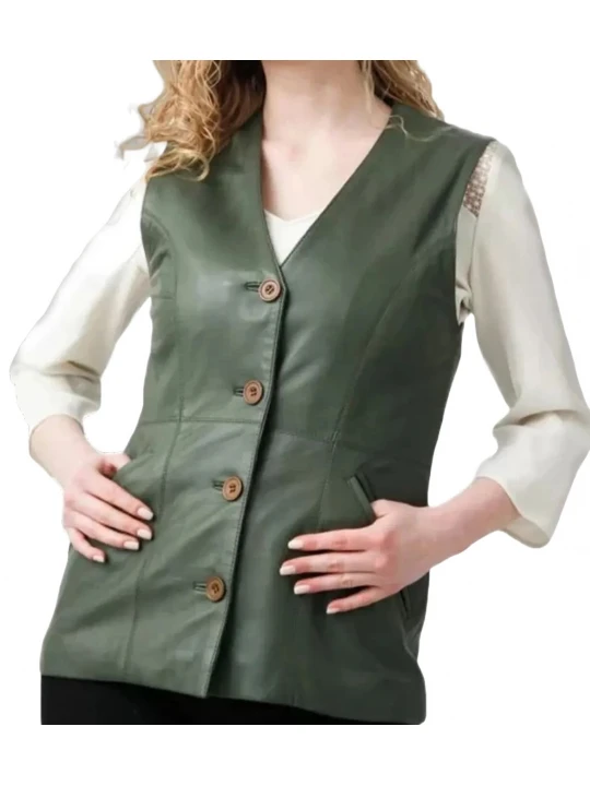 Green V Neck Leather Vest