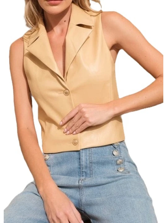Notch Collar Beige Leather Vest