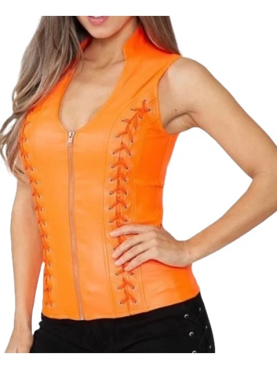 Orange Leather Cross Back Details Vest