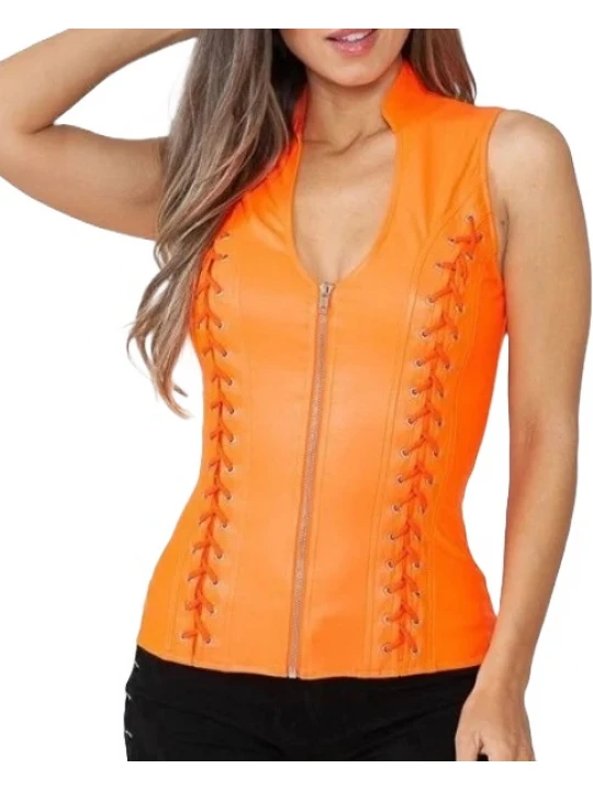 Orange Leather Cross Back Details Vest