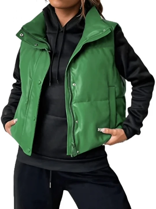 Puffer Leather Vest In Green