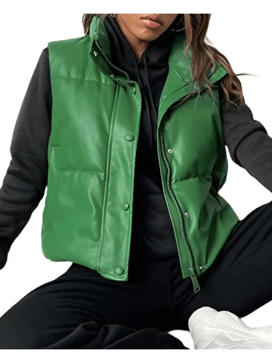 Puffer Leather Vest In Green