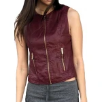 Round Neck Burgundy Leather Vest
