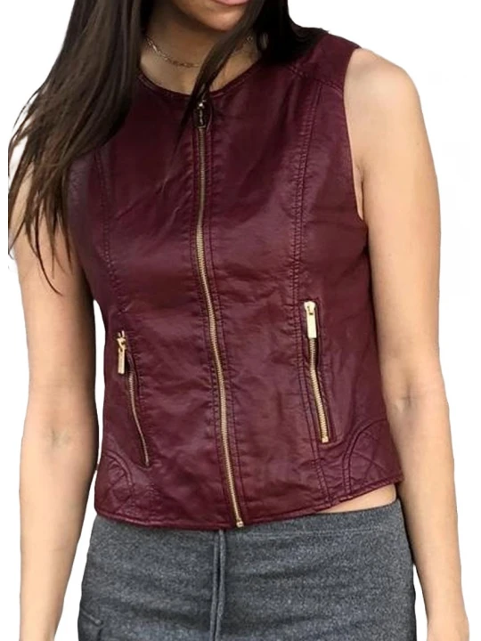 Round Neck Burgundy Leather Vest