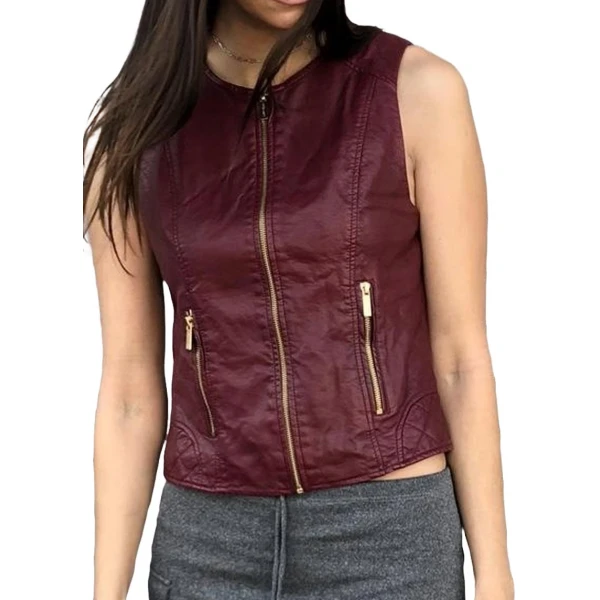 Round Neck Burgundy Leather Vest