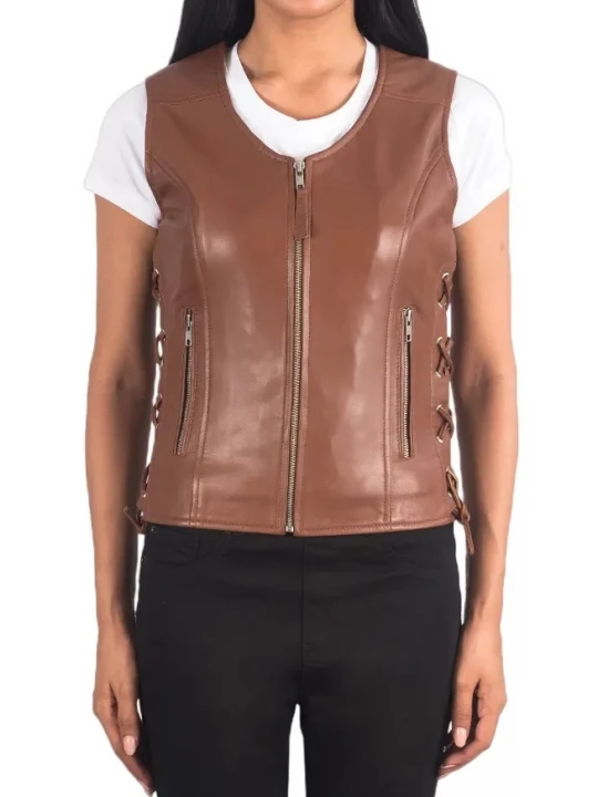 Side Lace Up Brown Leather Biker Vest