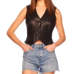 V Neck Vest In Black Leather