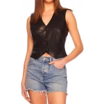 V Neck Vest In Black Leather