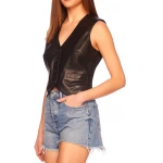 V Neck Vest In Black Leather
