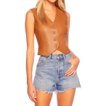 V Neck Vest In Cognac Leather