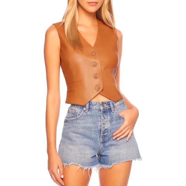 V Neck Vest In Cognac Leather