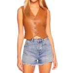 V Neck Vest In Cognac Leather