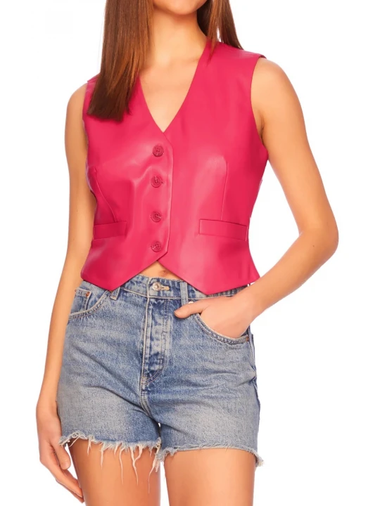 V Neck Vest In Pink Leather