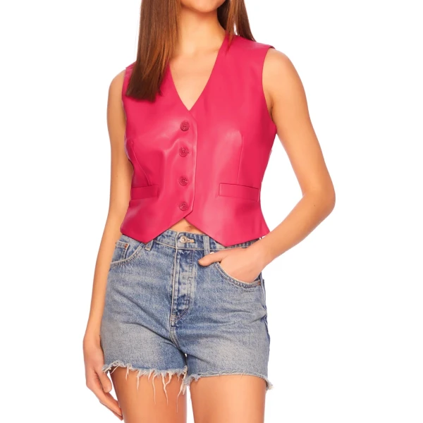 V Neck Vest In Pink Leather