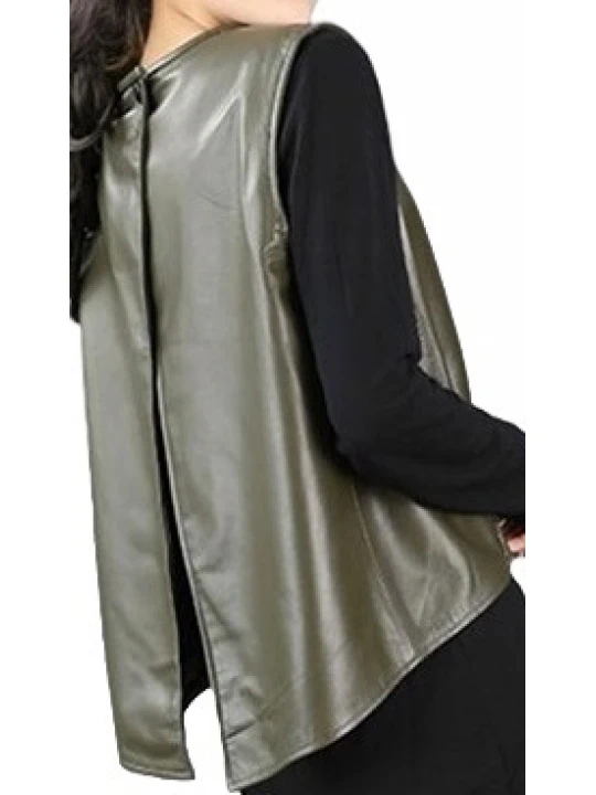 Womens Amazing Look Sleeveless Real Sheepskin Olive Green Vest Waistcoat