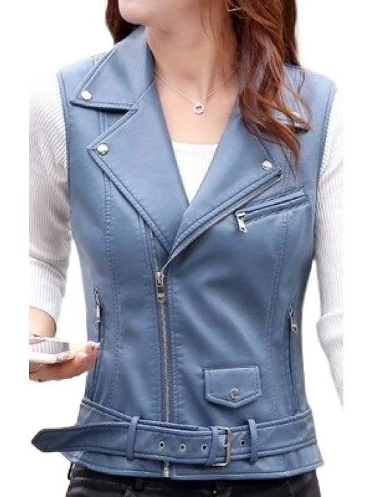 Womens Cute Style Sleeveless Moto Real Sheepskin Blue Leather Motorcycle Jacket Vest Waistcoat