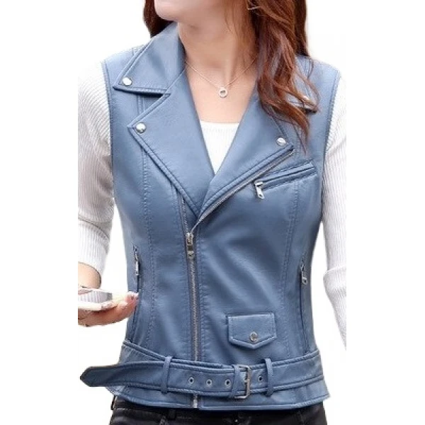 Womens Cute Style Sleeveless Moto Real Sheepskin Blue Leather Motorcycle Jacket Vest Waistcoat