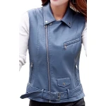 Womens Cute Style Sleeveless Moto Real Sheepskin Blue Leather Motorcycle Jacket Vest Waistcoat