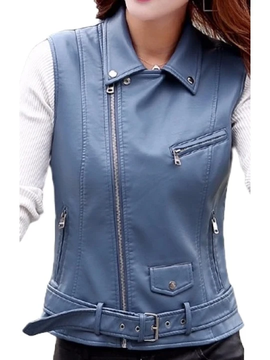 Womens Cute Style Sleeveless Moto Real Sheepskin Blue Leather Motorcycle Jacket Vest Waistcoat