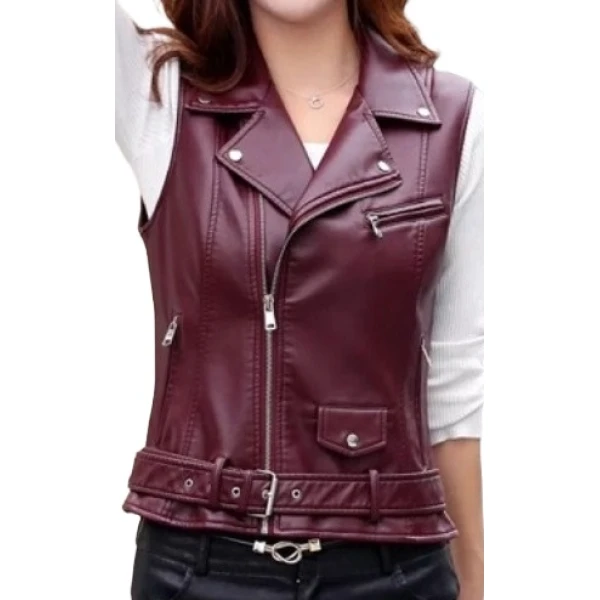 Womens Cute Style Sleeveless Moto Real Sheepskin Burgundy Leather Motorcycle Jacket Vest Waistcoat
