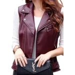 Womens Cute Style Sleeveless Moto Real Sheepskin Burgundy Leather Motorcycle Jacket Vest Waistcoat