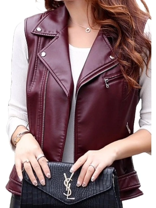 Womens Cute Style Sleeveless Moto Real Sheepskin Burgundy Leather Motorcycle Jacket Vest Waistcoat
