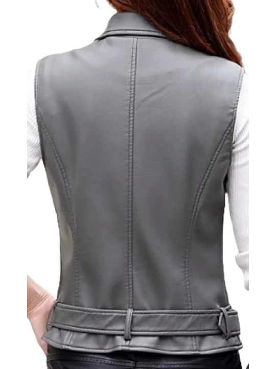 Womens Cute Style Sleeveless Moto Real Sheepskin Gray Leather Motorcycle Jacket Vest Waistcoat