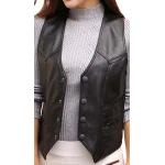 Womens Designer Style Sleeveless Real Leather Black Biker Vest Waistcoat