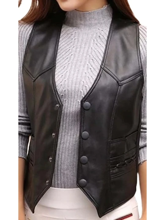 Womens Designer Style Sleeveless Real Leather Black Biker Vest Waistcoat