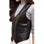 Womens Designer Style Sleeveless Real Leather Black Biker Vest Waistcoat