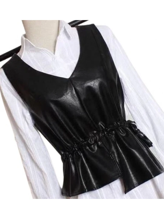 Womens Eye-Catching Sleeveless Real Lambskin Black Leather Vest Waistcoat