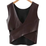 Womens Glamorous Design Sleeveless Real Sheepskin Brown Leather Vest Waistcoat