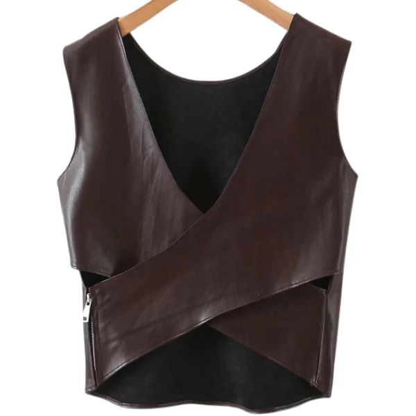 Womens Glamorous Design Sleeveless Real Sheepskin Brown Leather Vest Waistcoat
