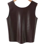 Womens Glamorous Design Sleeveless Real Sheepskin Brown Leather Vest Waistcoat