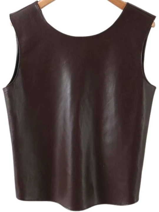Womens Glamorous Design Sleeveless Real Sheepskin Brown Leather Vest Waistcoat