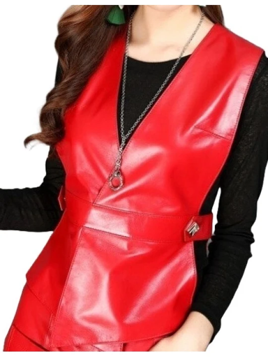 Womens Incredible Look Sleeveless Real Lambskin Red Leather Vest Waistcoat