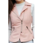 Womens Prominent Style Sleeveless Moto Real Sheepskin Pink Leather Motorcycle Biker Vest Waistcoat