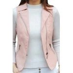 Womens Prominent Style Sleeveless Moto Real Sheepskin Pink Leather Motorcycle Biker Vest Waistcoat