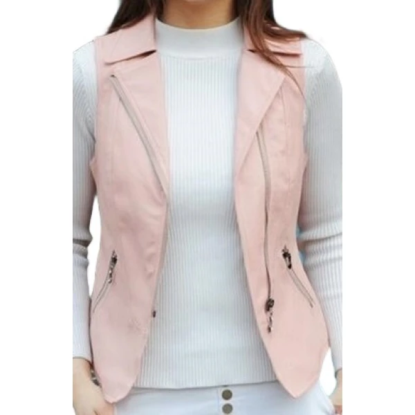 Womens Prominent Style Sleeveless Moto Real Sheepskin Pink Leather Motorcycle Biker Vest Waistcoat