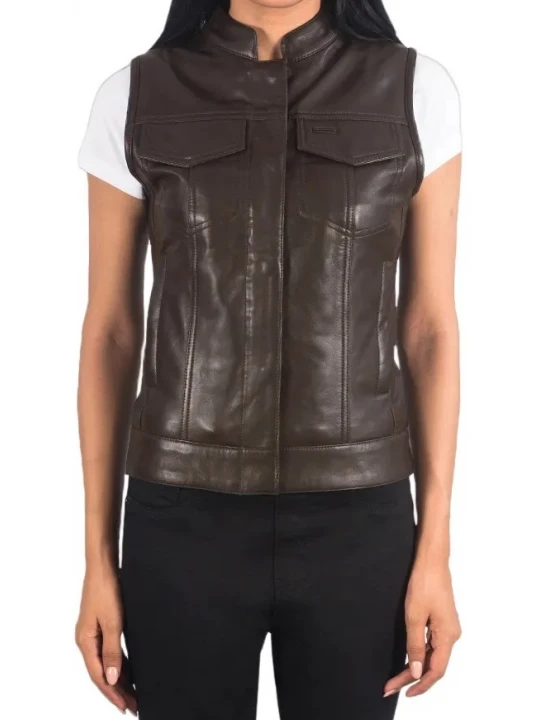 Zipper With Snap Closure Brown Leather Vest