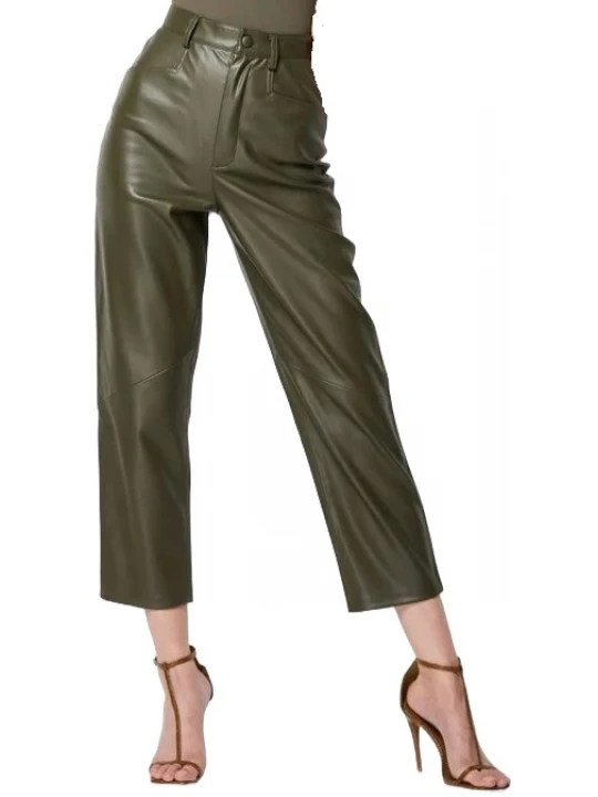 Straight Fit Green Leather Capris Pants