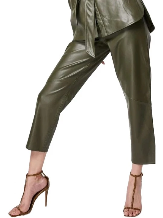 Straight Fit Green Leather Capris Pants