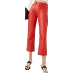 Straight Leg Red Leather Capris Pants