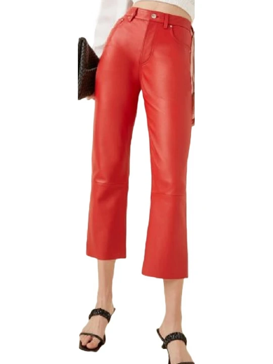 Straight Leg Red Leather Capris Pants