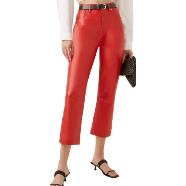Straight Leg Red Leather Capris Pants