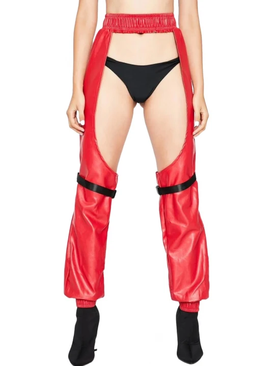 Elastic Waist Red Leather Chaps